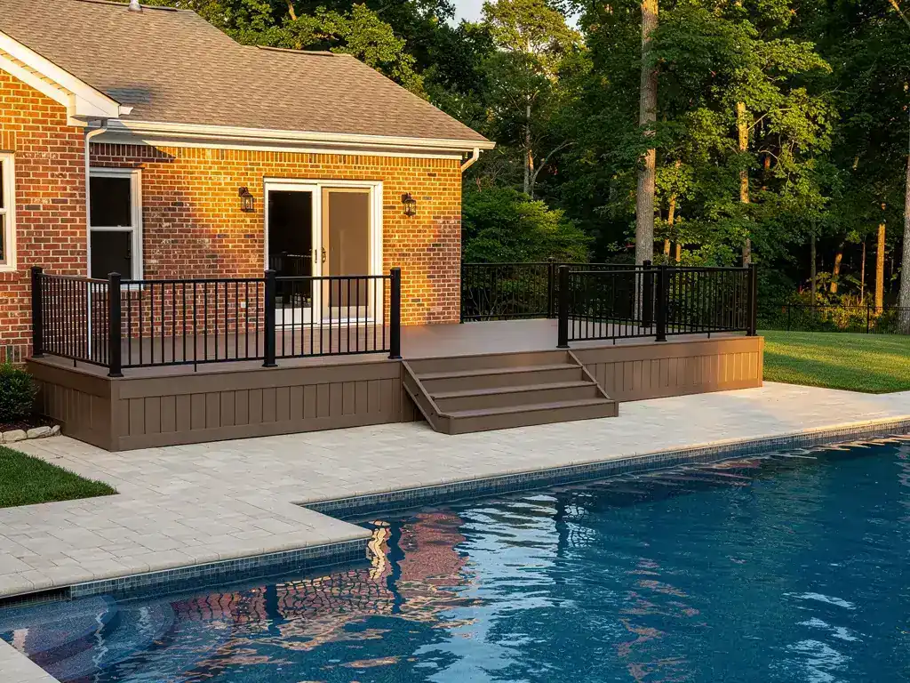 Composite deck with wide steps and black rails leading down to a paver pool deck